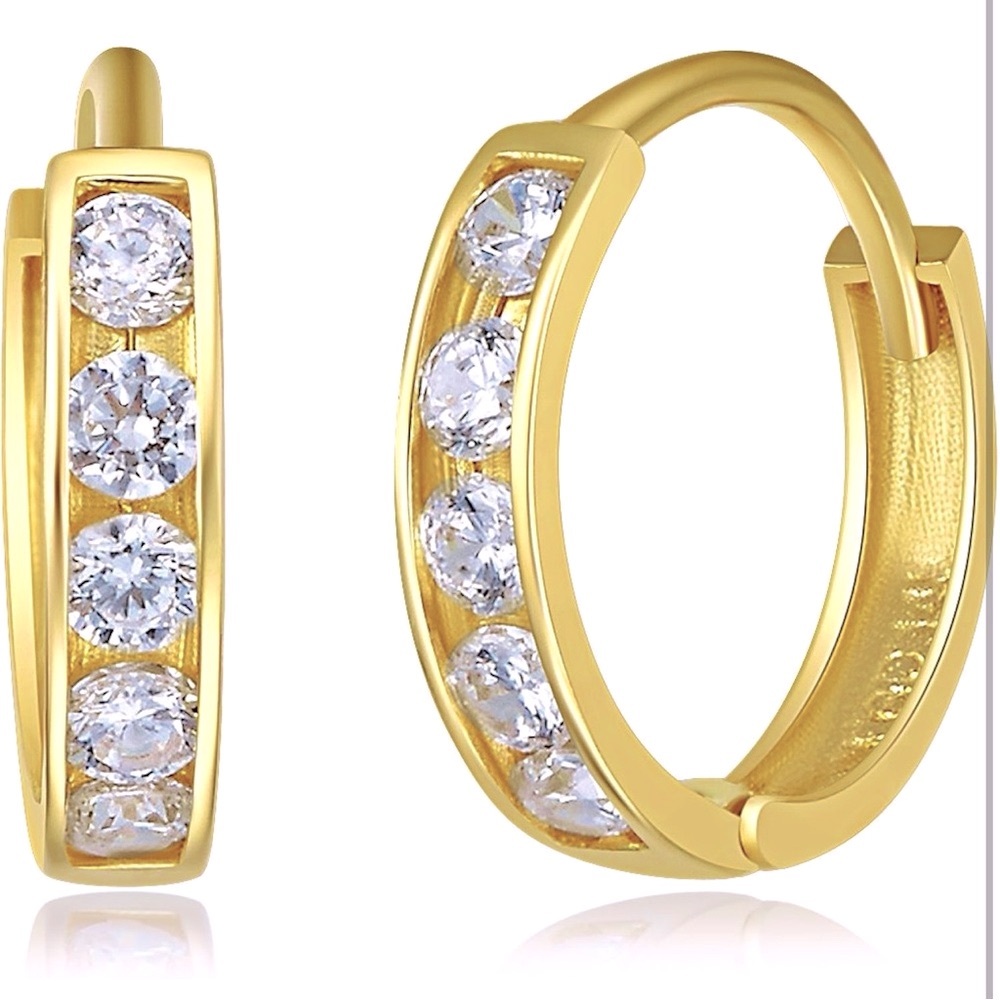 New! Perfect Gift! Solid 14K Gold Diamond Huggie Hoops. Small Solid Gold Hoops - Picture 2 of 6